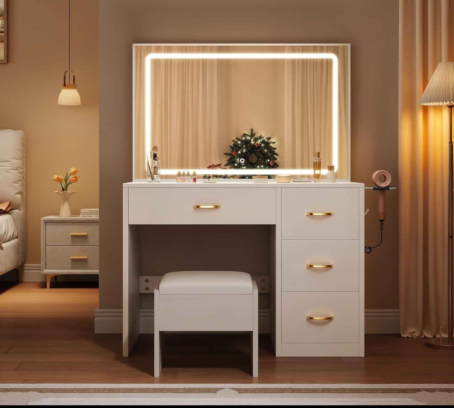Vanity Desk Set with Large 35" LED Mirror and Lights, Makeup Table with 4 Drawers & Stool, 2 AC Outlets and 2 USB Ports, Adjustable Lighting, Modern Ample Storage Dressing Table, White