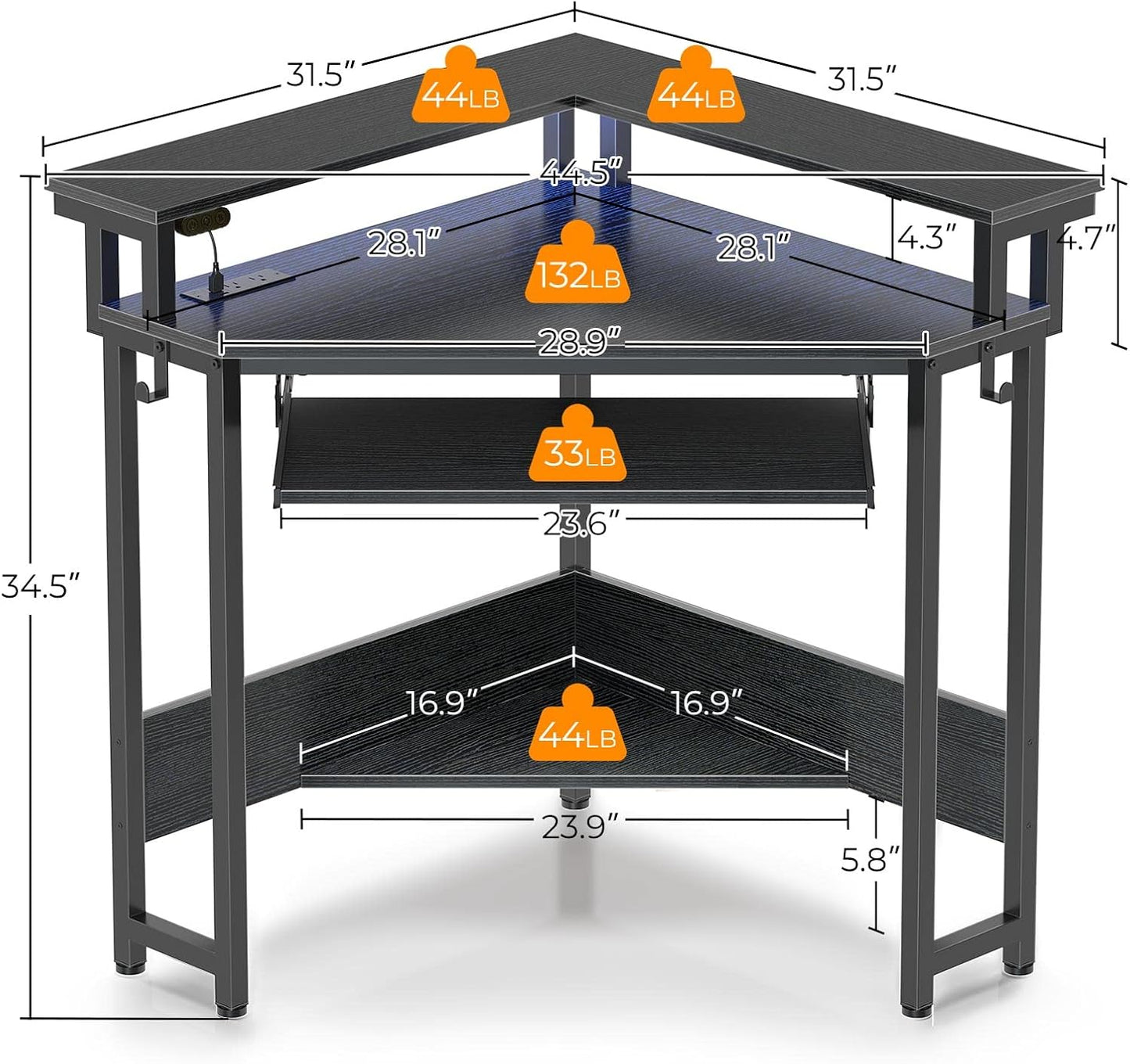 Corner Desk,44.5" W X 34.5" H Small Computer Desk with Power Outlets, Gaming Desk with LED Lights, Triangle Corner Table with Keyboard Tray & Monitor Stand for Small Space, Black