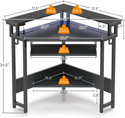 Corner Desk,44.5" W X 34.5" H Small Computer Desk with Power Outlets, Gaming Desk with LED Lights, Triangle Corner Table with Keyboard Tray & Monitor Stand for Small Space, Black
