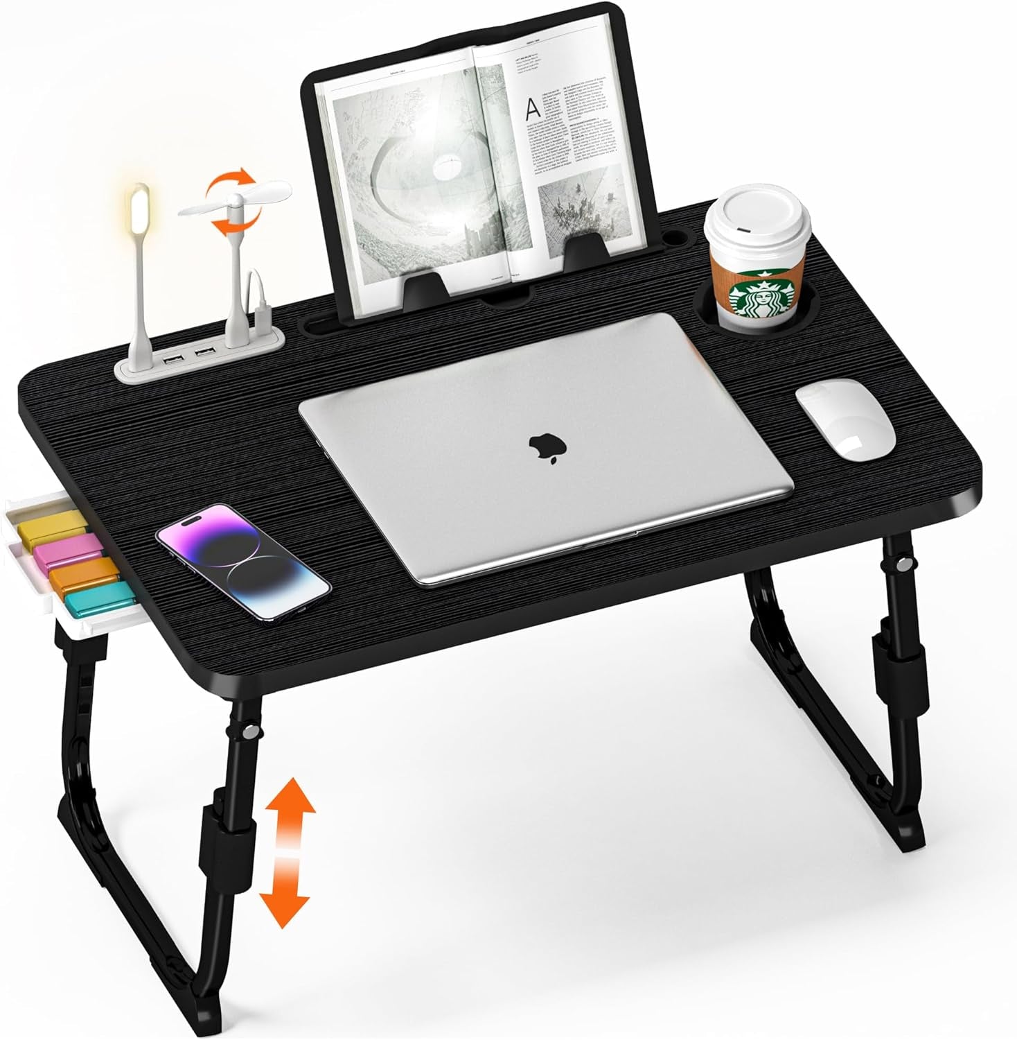 Laptop Desk for Bed Height Adjustable, Lap Bed Table with Usb/Storage Drawer/Cup Holder/Tablet Stand/Book Shelf, Foldable Breakfast Tray Portable for Reading Writing, Sofa & Floor, Black