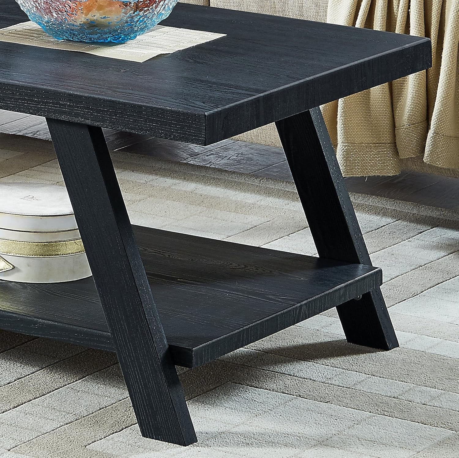 Athens Contemporary 3-Piece Wood Shelf Coffee Table Set , Black