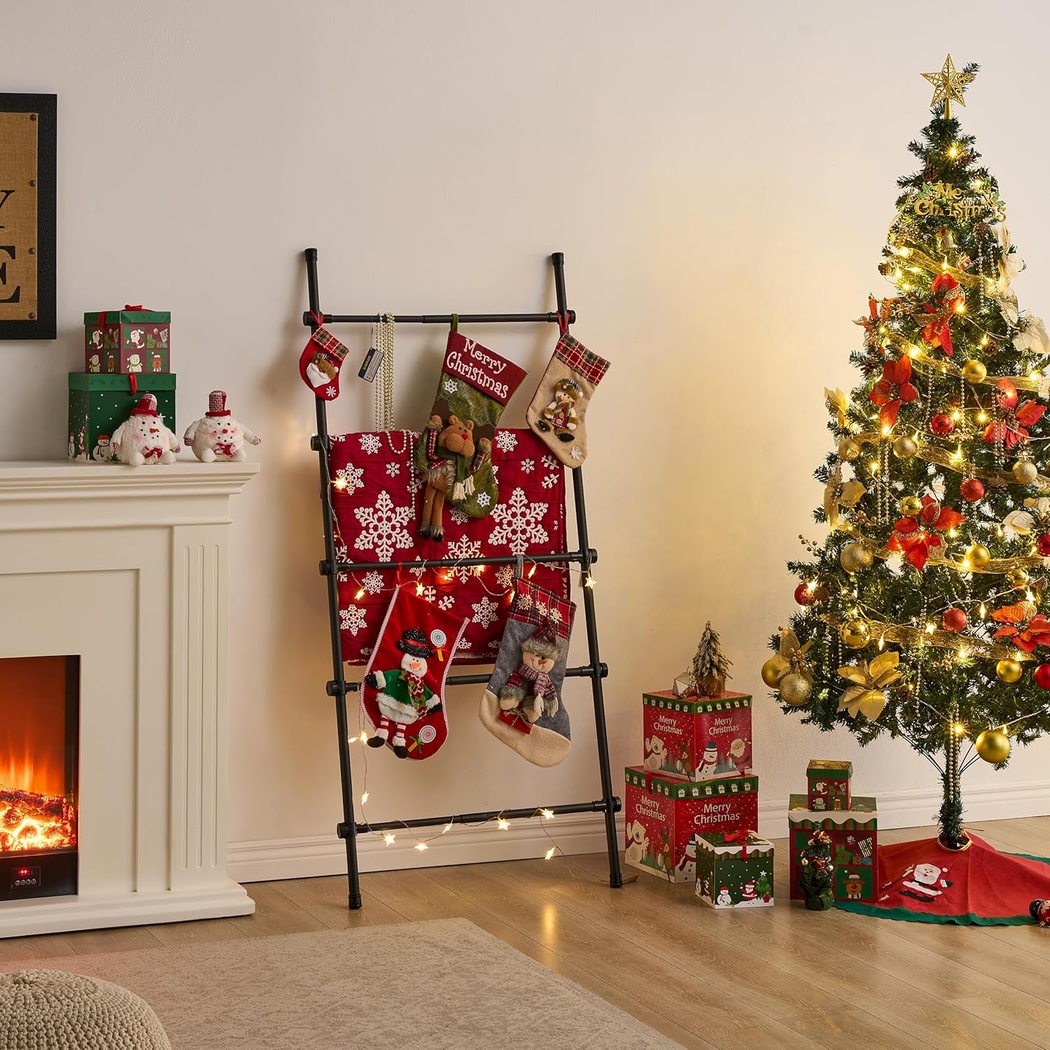 Blanket Ladder Black Expandable Width (17.3-32.3 Inch) 5.4 Ft Tall 5 Rungs Metal Quilt Holder Rack Wall Leaning Strong Load Capacity, Modern Farmhouse Decor Easy Assembly for Living Room,Bedroom