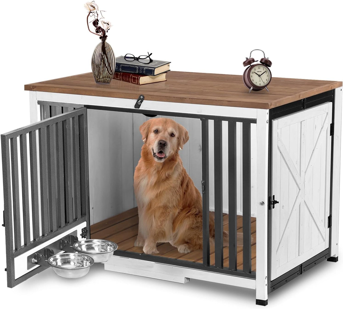 Dog Crate Furniture Foldable Side End Table Expandable Solid Wood Dog Kennel with 360° Rotatable Dog Bowls Indoor Cage, No Assembly Needed (Right Door Removable)