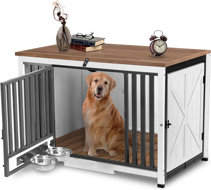 Dog Crate Furniture Foldable Side End Table Expandable Solid Wood Dog Kennel with 360° Rotatable Dog Bowls Indoor Cage, No Assembly Needed (Right Door Removable)