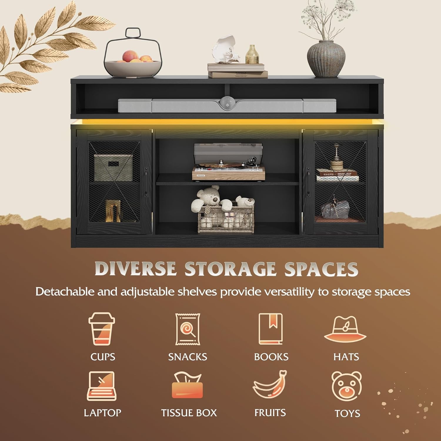 Farmhouse TV Stand for 65 Inch TV, Tall Entertainment Center with Storage Cabinets, Media Console TV Cabinet with LED for Living Room and Bedroom, Black