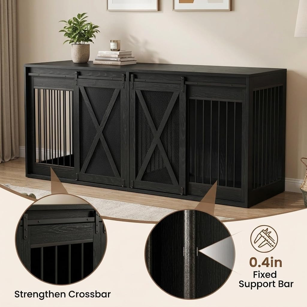94 Inch Double Dog Crate Furniture for 2 Large Dogs, Dog Kennel TV Stand Large Breed, Farmhouse Dog Cage Furniture with Center Divider, XXXL Dual Dog Crate Entertainment Center, Black