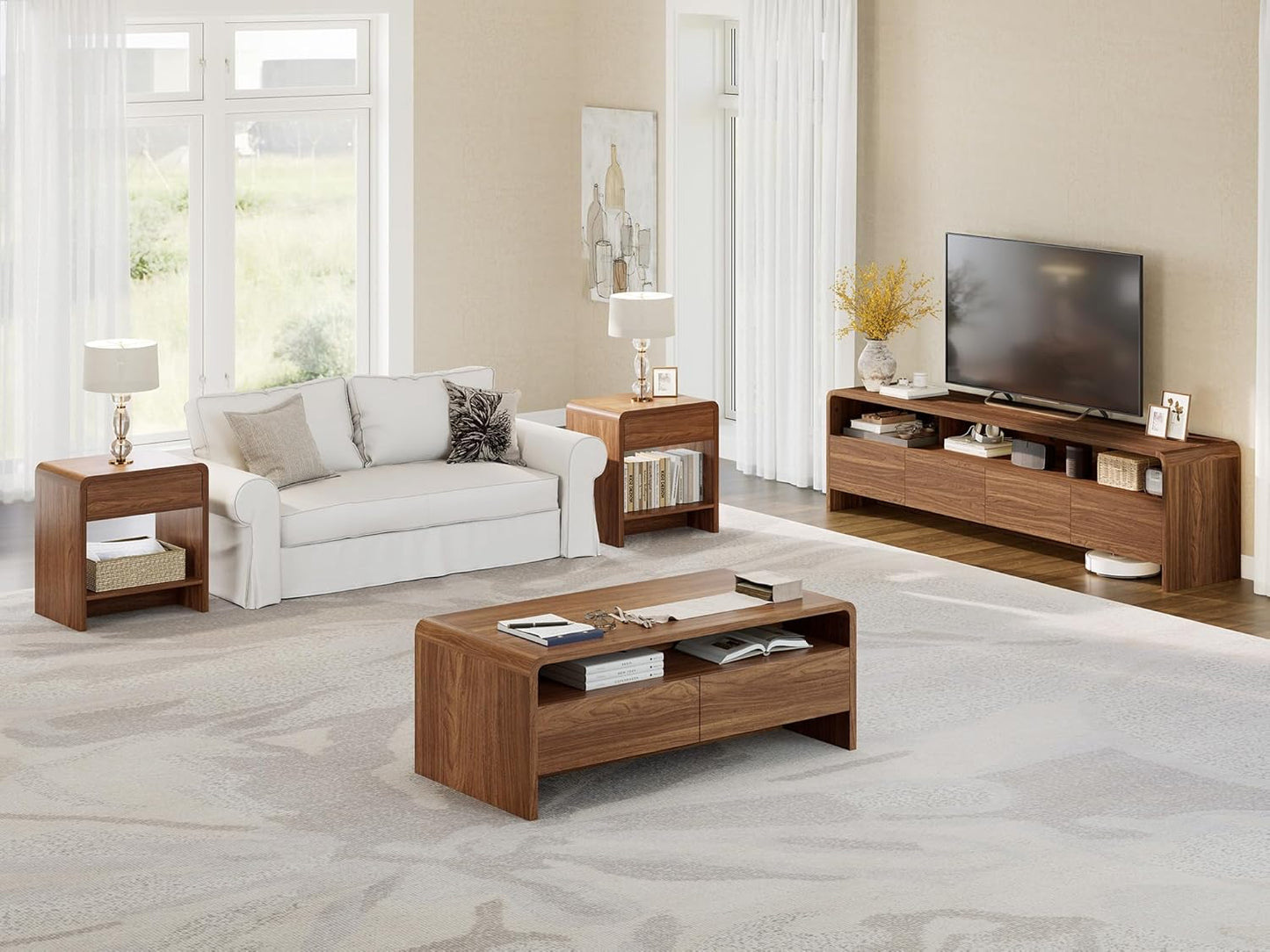 3-Piece Living Room Table Set, Includes Coffee Table & 2 End Tables, Modern Coffee Table Sets with Large Storage Drawers & Smooth Rounded Edges, Brown