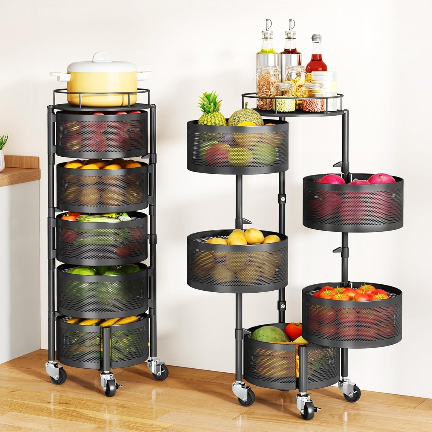Fruit Vegetable Basket for Kitchen, Rotating Storage Rack, 5 Tier Rolling Cart with Top Lid, Large Metal Wire Wheels, Black