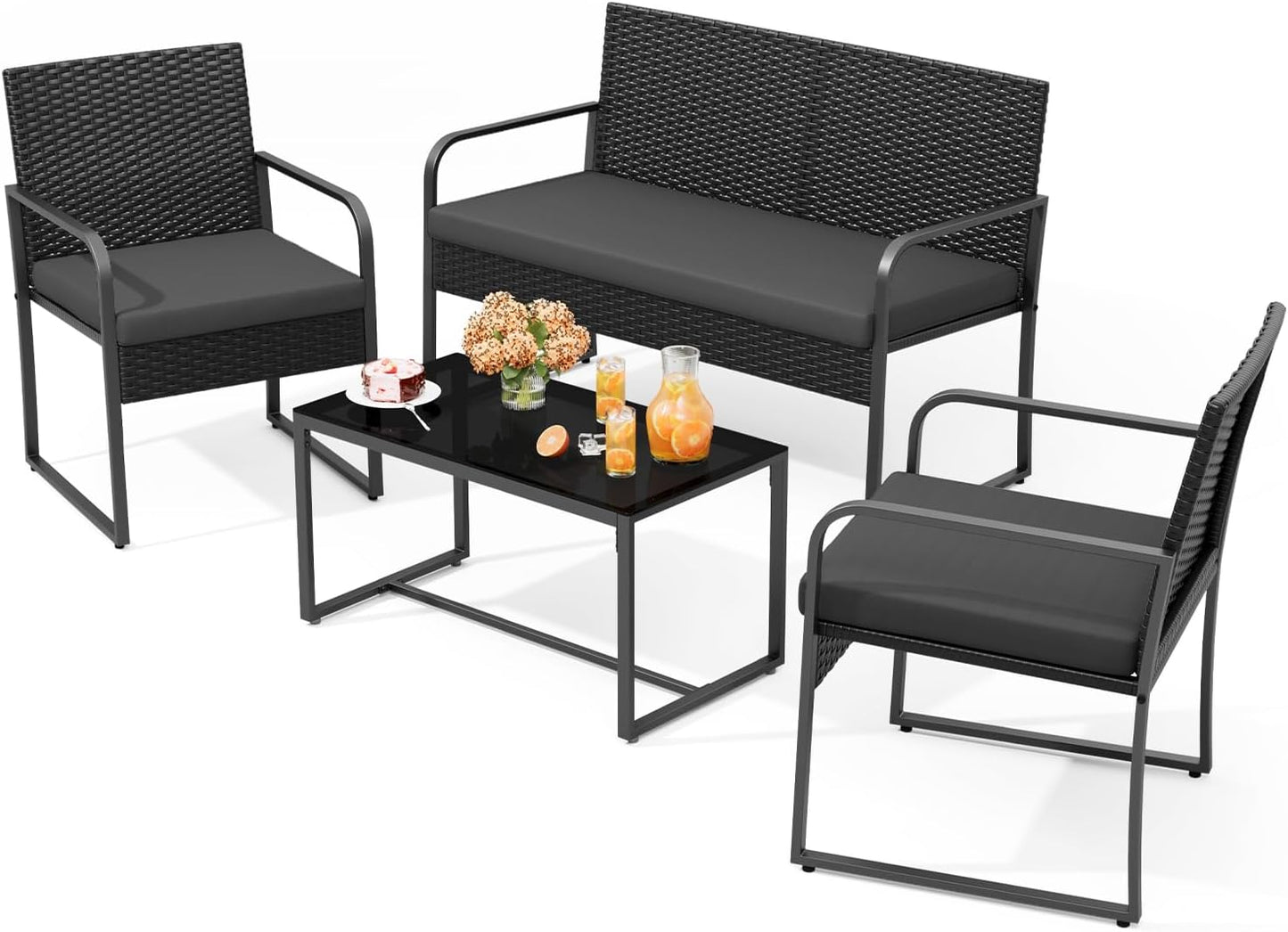 Black Wicker Furniture with Glass Coffee Table, 4 Piece Patio Furniture Set, Outdoor Rattan Conversation Set, for Backyard, Poolside, Porch, Lawn, Cushion-Black