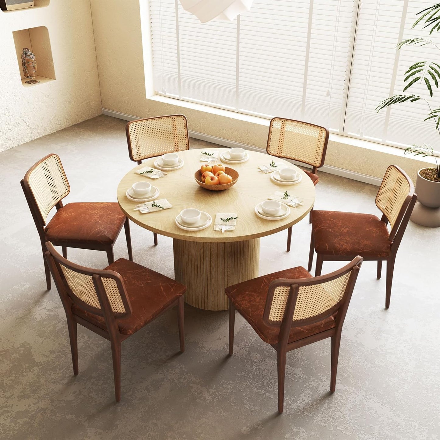 47 Inch round Dining Table, Farmhouse Fluted Dining Kitchen Table, Modern Wood Small Circle Dining Table for Kitchen Living Room, Natural