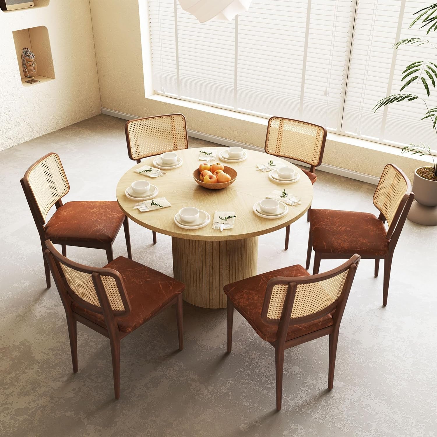 47 Inch round Dining Table, Farmhouse Fluted Dining Kitchen Table, Modern Wood Small Circle Dining Table for Kitchen Living Room, Natural