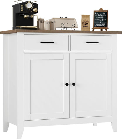 Kitchen Storage Cabinet, Modern Farmhouse Buffet Cabinet with Storage, Coffee Bar with 2 Drawers and 2 Doors, Floor Sideboard Buffet for Living Room, Dining Room, Bathroom, Ivory White