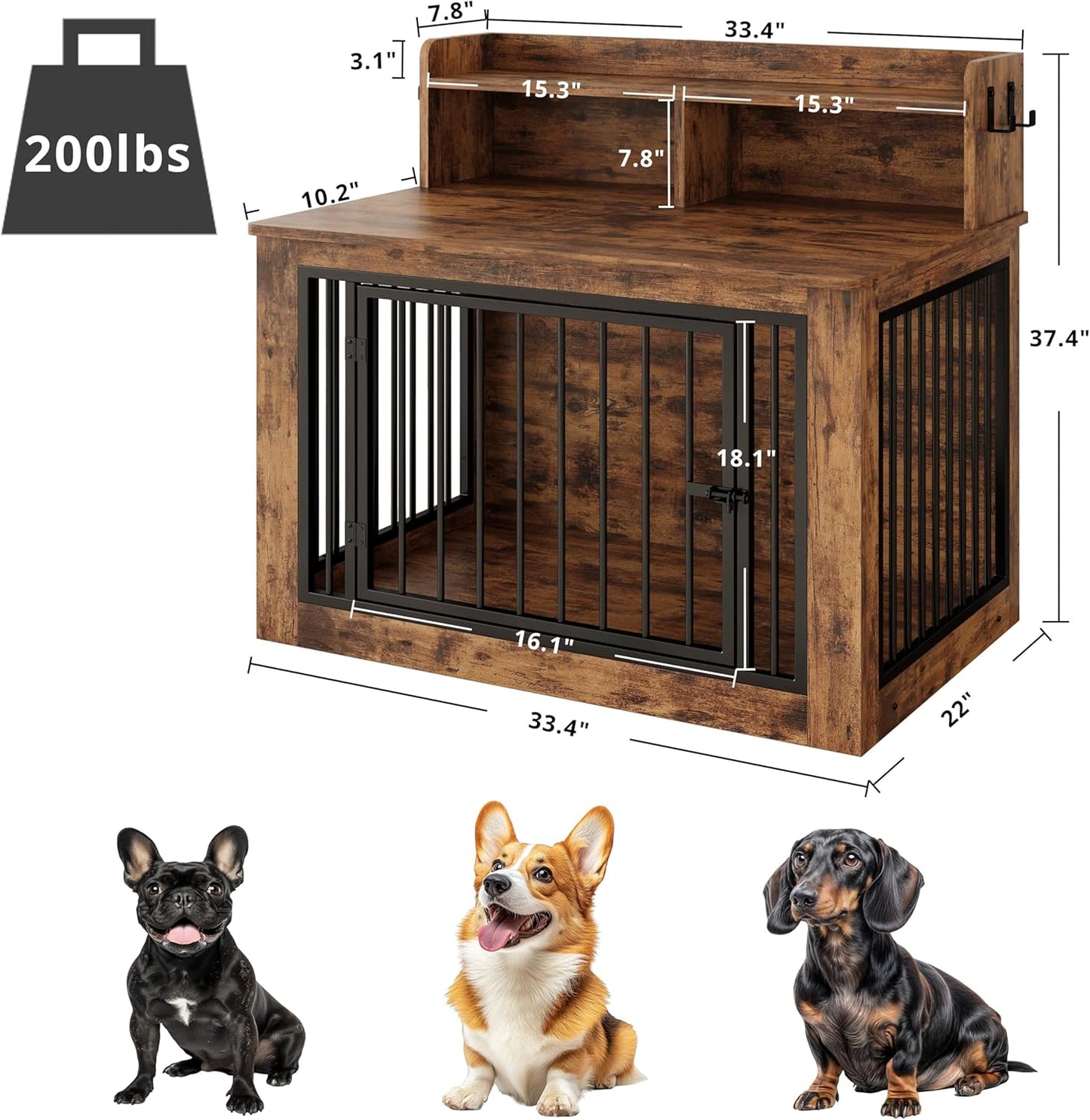 Dog Crate Furniture, 33.4 Inches Wooden Small Dog Crate with Storage and 4 Hooks, Heavy Duty Pet Crate for Small Dog, Decorative Pet Cage for Indoor (22" L X 33.4" W X 37.4" H)