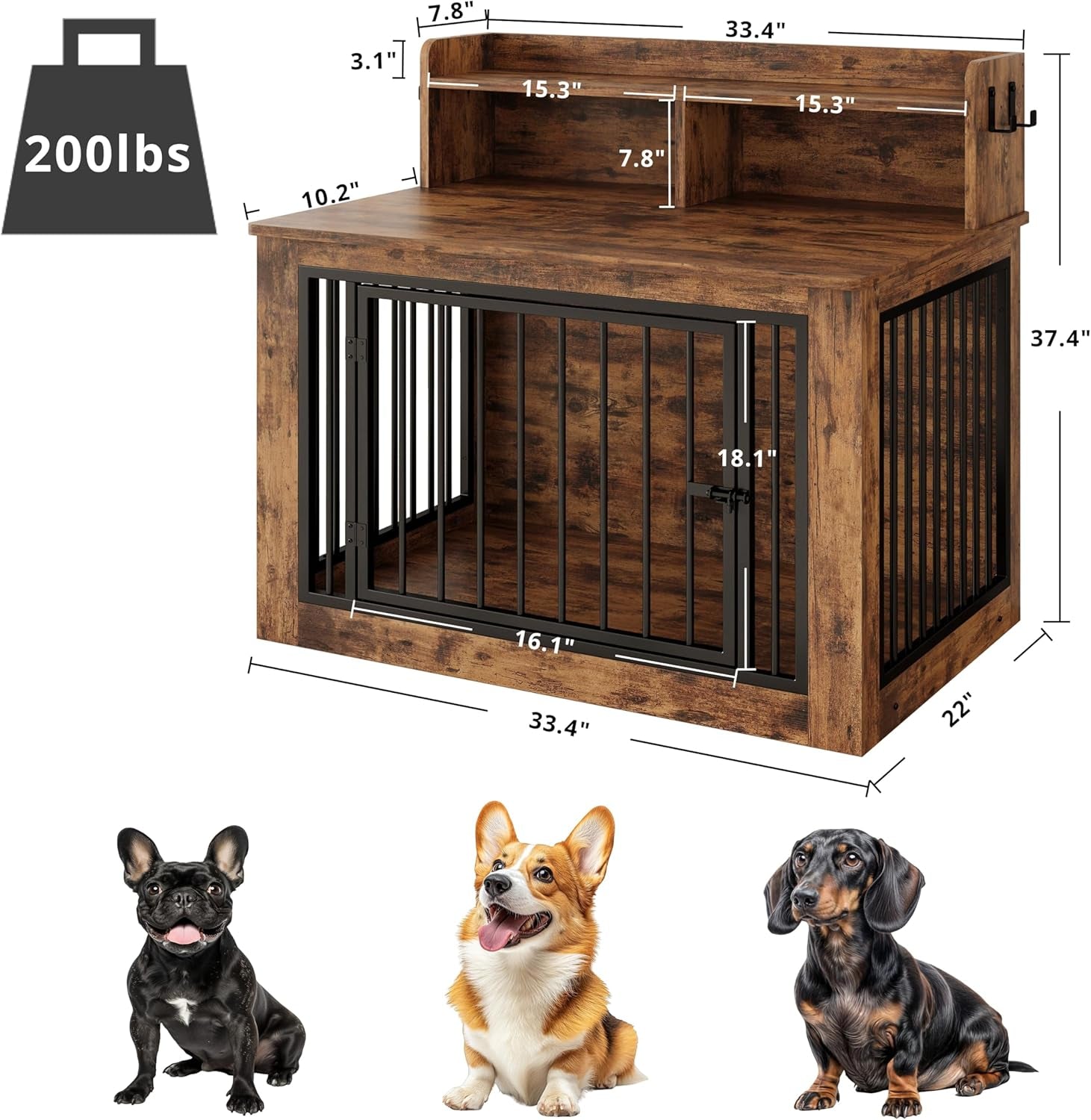 Dog Crate Furniture, 33.4 Inches Wooden Small Dog Crate with Storage and 4 Hooks, Heavy Duty Pet Crate for Small Dog, Decorative Pet Cage for Indoor (22" L X 33.4" W X 37.4" H)