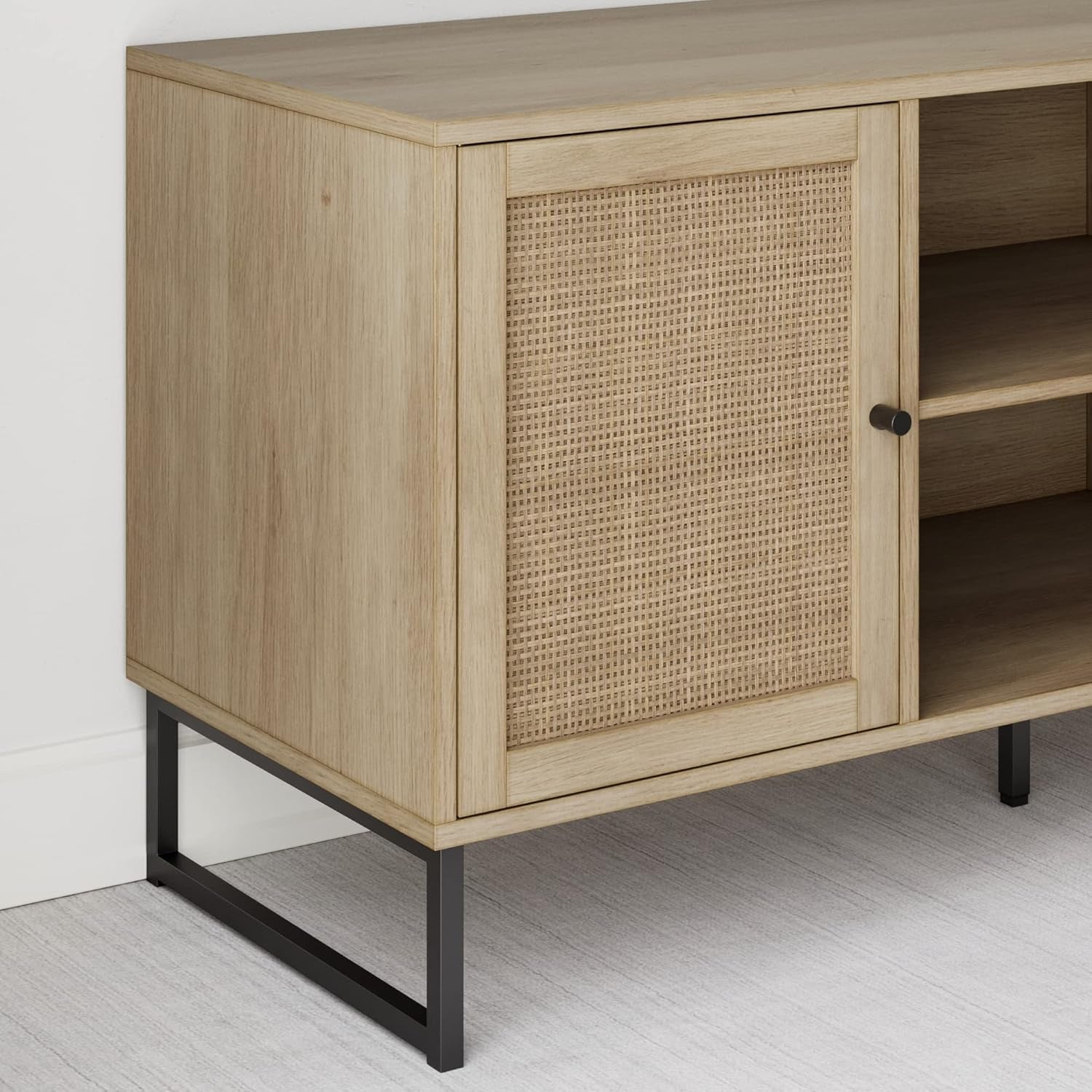 74101 Mina Modern TV Stand, Entertainment Cabinet, Media Console with a Natural Oak Wood Finish and Matte Black Accents with Storage Doors for Living Room or Media Room, Oak/Black