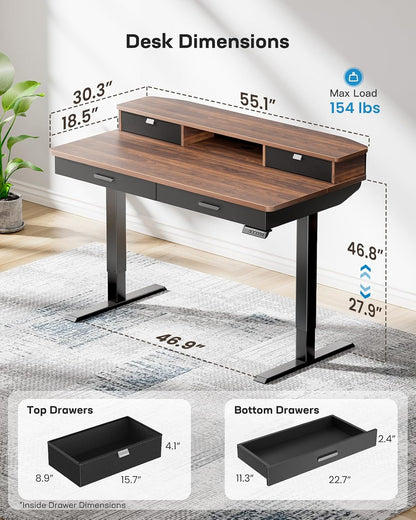 55 X 30 Inch Electric Standing Desk with Wood Drawers, Adjustable Height Sit Stand Home Office Desk with Two Tiers, Ergonomic Adjustable Stand up Desk C-Clamp Monitor Mount Compatible, Walnut