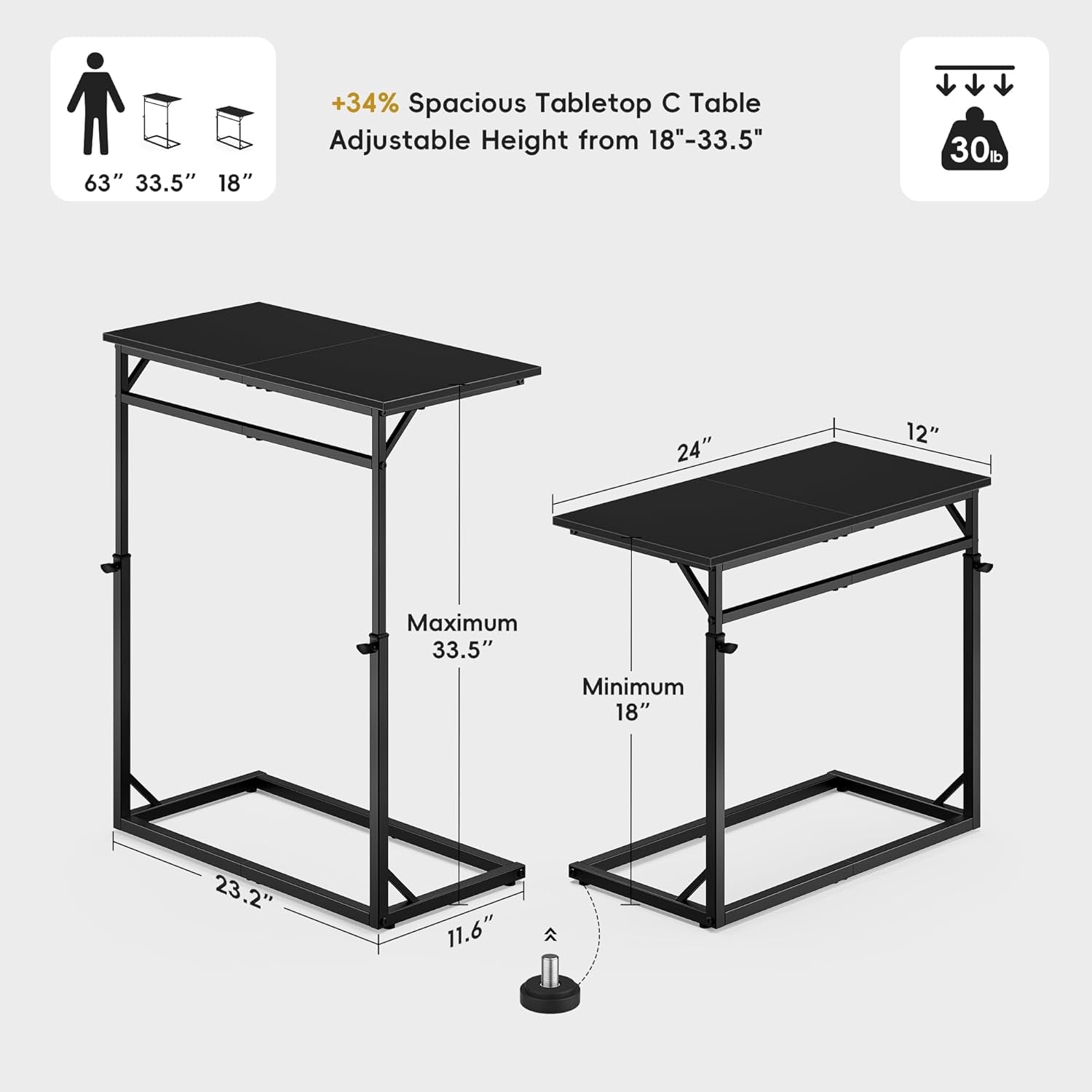 C Shaped End Table, 33"Tall Side Table for Couch, C-Table Sofa Table Adjustable Height Side Table, Large Surface Slide under Couch Table, Coffee Table TV Tray for Living Room, Bedroom, Black