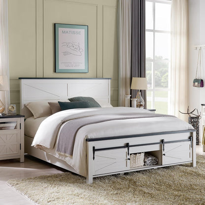 Farmhouse Wood Bed Frame Queen Size with Sliding Barn Door Storage Cabinets and Headboard, Solid Wood Slats Support, Noiseless, No Box Spring Needed, Antique White