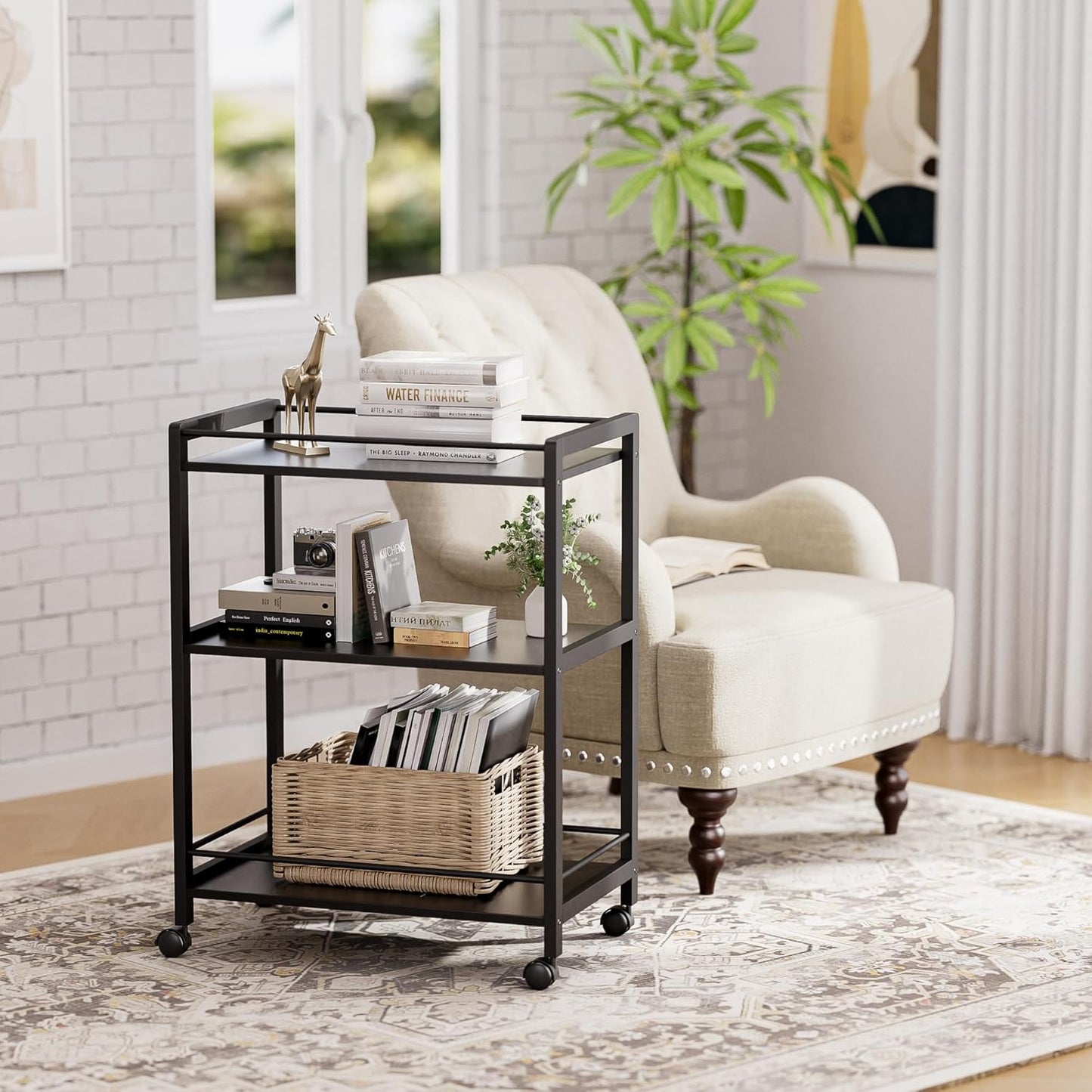 Bar Cart Black, Serving Cart for Home, 3 Tier Drinks Cart with Wheels, Rolling Beverage Cart for Kitchen Dining Living Room