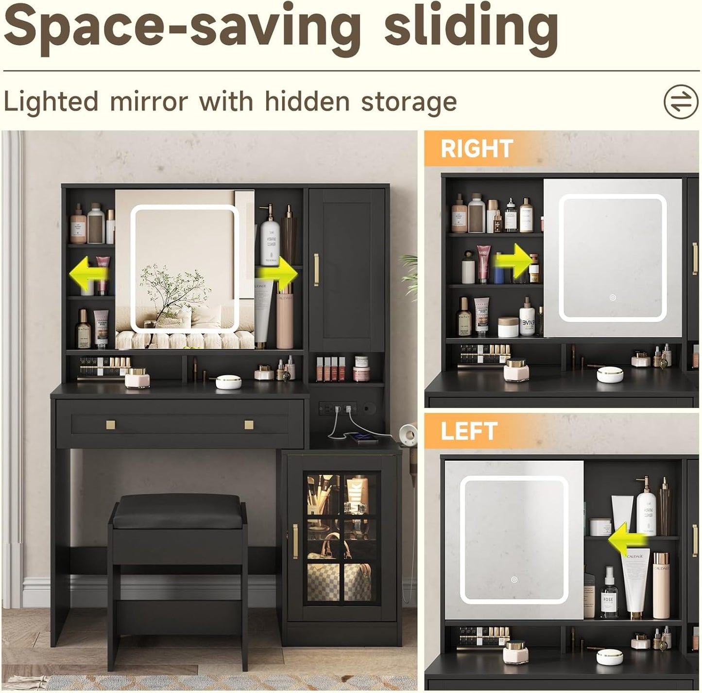 Vanity Desk with Sliding Mirror and Lights, 41.8'' Black Makeup Vanity Table with Jewelry Storage & Charging Station, Stool, Large Drawer, Visual Cabinet, 3 Lighting Modes, Adjustable Shelves