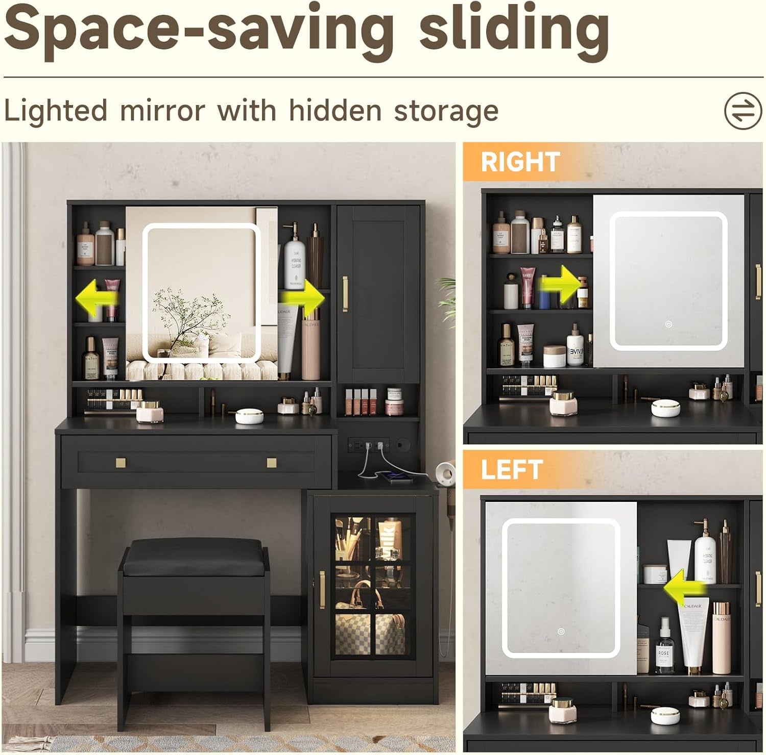 Vanity Desk with Sliding Mirror and Lights, 41.8'' Black Makeup Vanity Table with Jewelry Storage & Charging Station, Stool, Large Drawer, Visual Cabinet, 3 Lighting Modes, Adjustable Shelves
