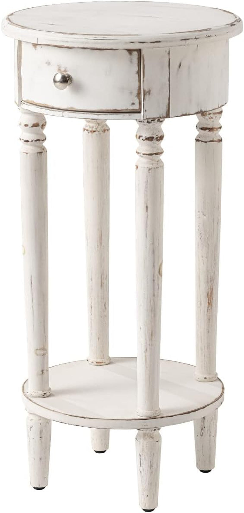 Tall End Table with Drawer, 2-Tier Rustic round Side Table with 4 Wood Leg, White Nightstand with Hand-Painted Finish, Small Accent Table for Living Room, Bedroom, Distressed Off-White