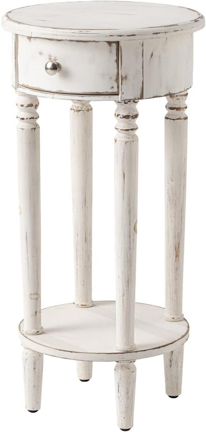 Tall End Table with Drawer, 2-Tier Rustic round Side Table with 4 Wood Leg, White Nightstand with Hand-Painted Finish, Small Accent Table for Living Room, Bedroom, Distressed Off-White
