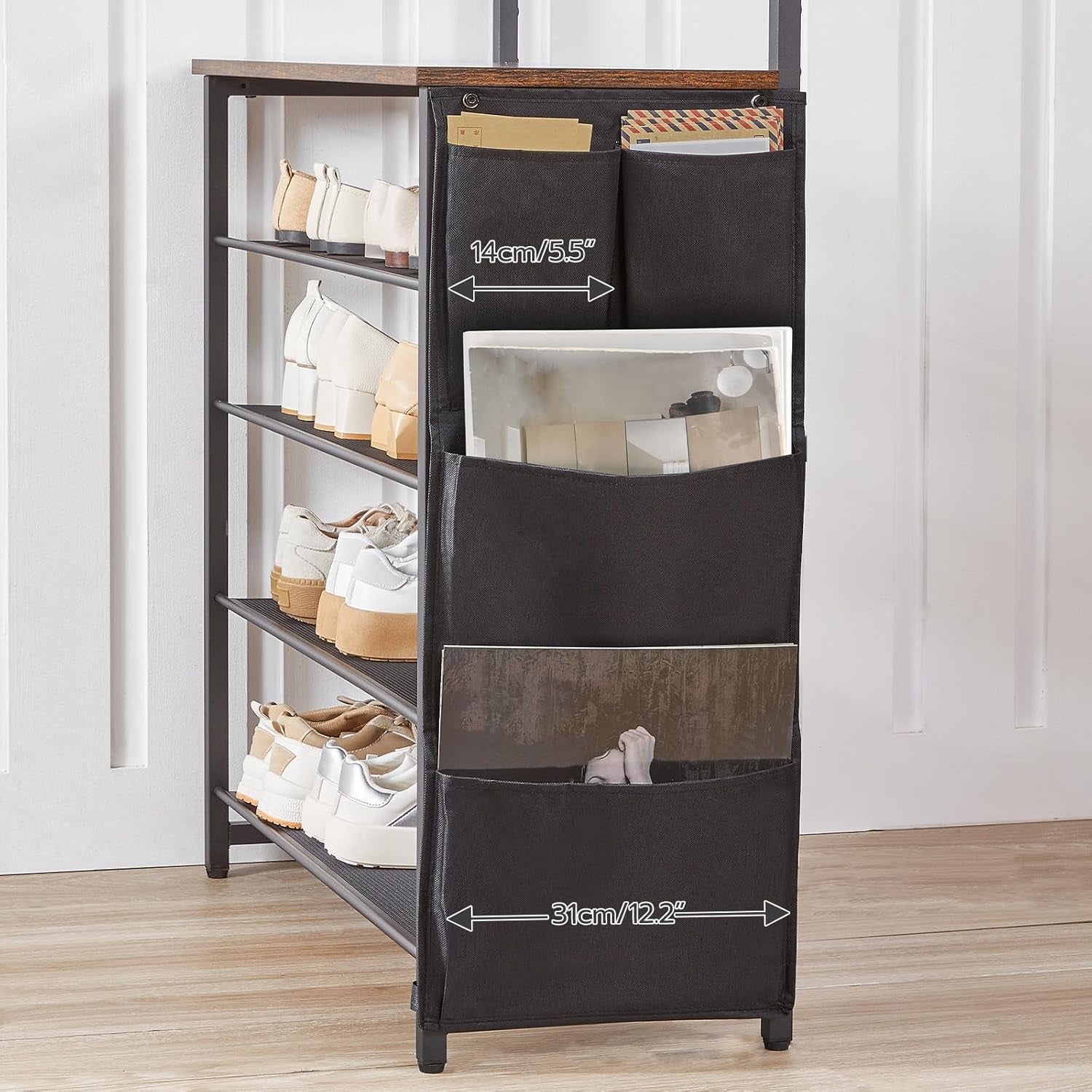 Hall Tree with Bench, Entryway Coat Rack with Shoe Rack, Shoe and Coat Rack, 5 Tier Shoe Storage Organizer with Oxford Fabric Side Pockets, Adjustable Mesh Shelves, Rustic Brown BF75MT01