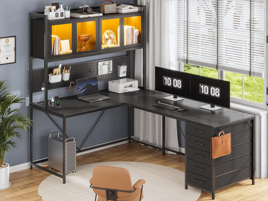 L Shaped Gaming Desk with Drawers, L Shaped Computer Desk with Hutch and Storage Shelves, Gaming Desk with Pegboard, Led Lights, and Power Outlet, Home Office Desk, Corner Desk, Black