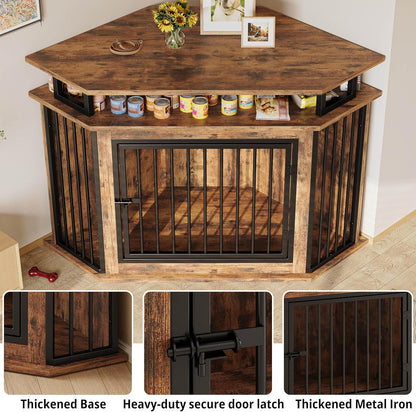 51" Corner Wooden Dog Crate Furniture with 2-Tier Shelves, Pet Kennel for Large Dogs, Space-Saving Dog Cage for TV Stand, Rustic Brown (26.7" L X 51.2" W X 33.5" H)
