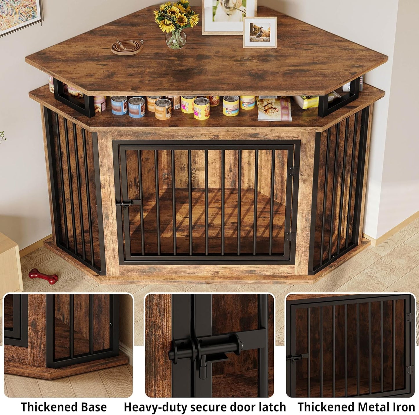 44" Corner Dog Crate with 2-Tier Shelves, Wooden Dog Kennel Furniture, Dog Kennel Indoor Furniture for Small and Medium Dogs, Rustic Brown (23.6" L X 43.3" W X 32.3" H)