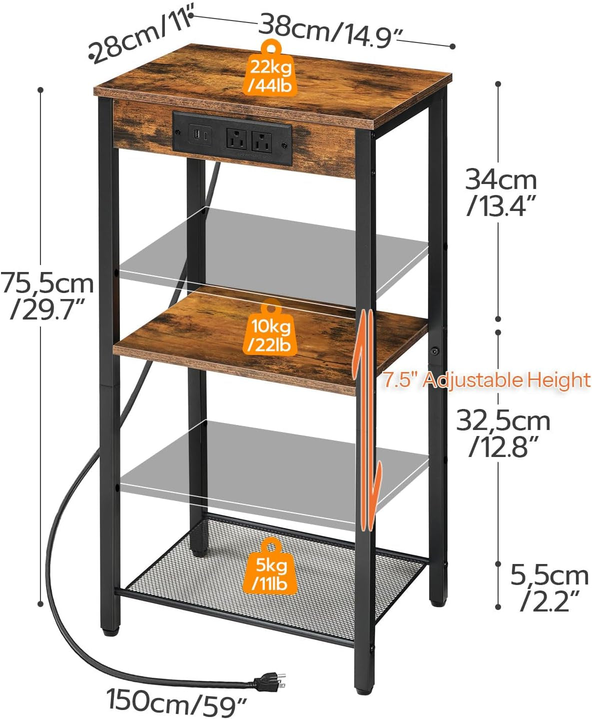 Tall End Table with Charging Station, 30 Inch Tall Nightstand, 3-Tier Small Side Table with Adjustable Shelf, for Living Room, Bedroom, Entryway, Rustic Brown BF09UDH01G1