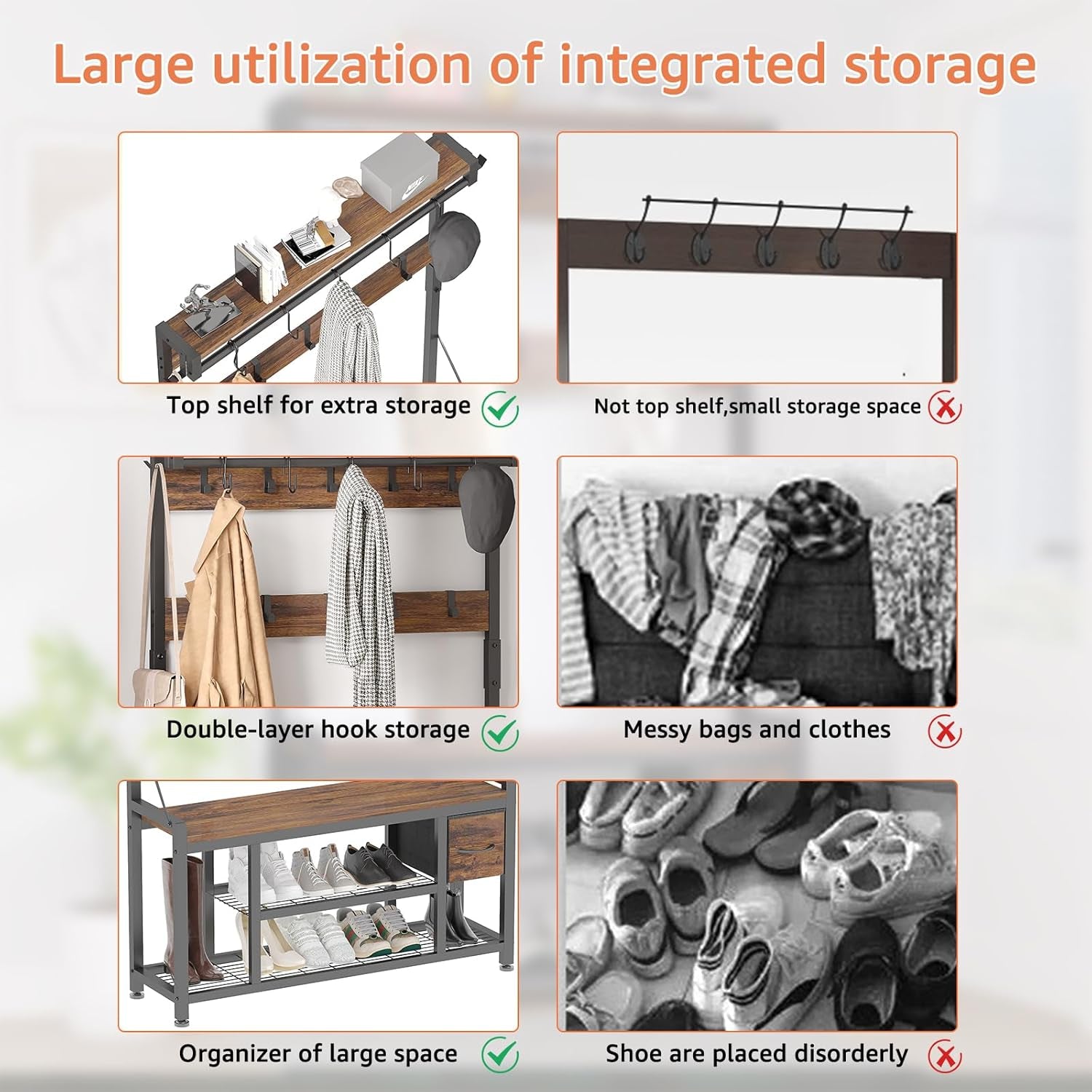 39" Hall Tree with Storage Coat Rack Freestanding Entryway Furniture Bench, 5 in 1 Design Front Door Shoe Rack and Wall Rack Hooks, and 4 Drawers (Rustic Brown)