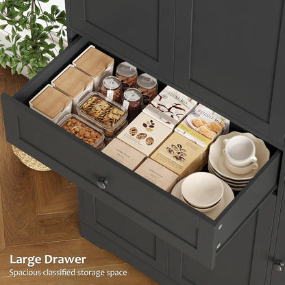 68" Tall Kitchen Pantry Storage Cabinet, Modern Kitchen Hutch Cabinet with Doors and Shelves, Freestanding Food Pantry with Large Storage Drawer for Dining Room, Living Room, Black