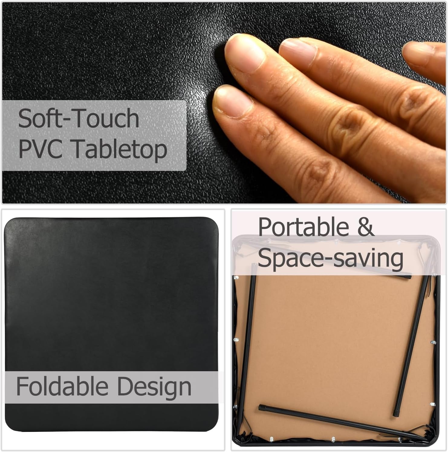 Square Folding Table, 33.9 Inch Card Table, Multi-Functional Foldable Portable for Indoor Outdoor Dining Panic Patio Balcony Backyard Poolside, PVC Tabletop, Metal Frame, Black