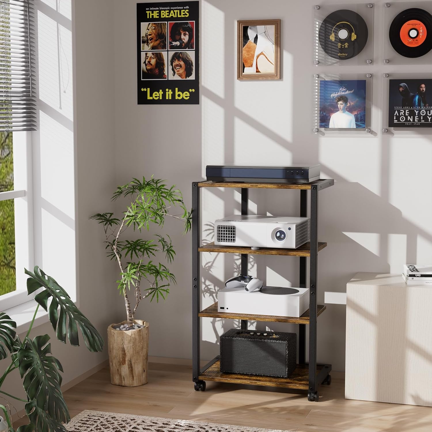 AV Media Stand with Wheels, 4-Tier Game Console Shelf, Rolling Media Cart for Small Space, Stereo Racks and Stands, Ideal for Record Player, Game Console, DVD Player, and Projector, Wood