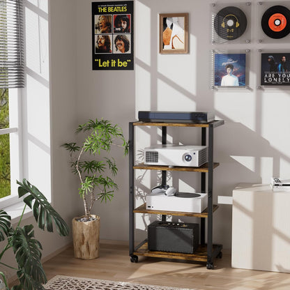AV Media Stand with Wheels, 4-Tier Game Console Shelf, Rolling Media Cart for Small Space, Stereo Racks and Stands, Ideal for Record Player, Game Console, DVD Player, and Projector, Wood