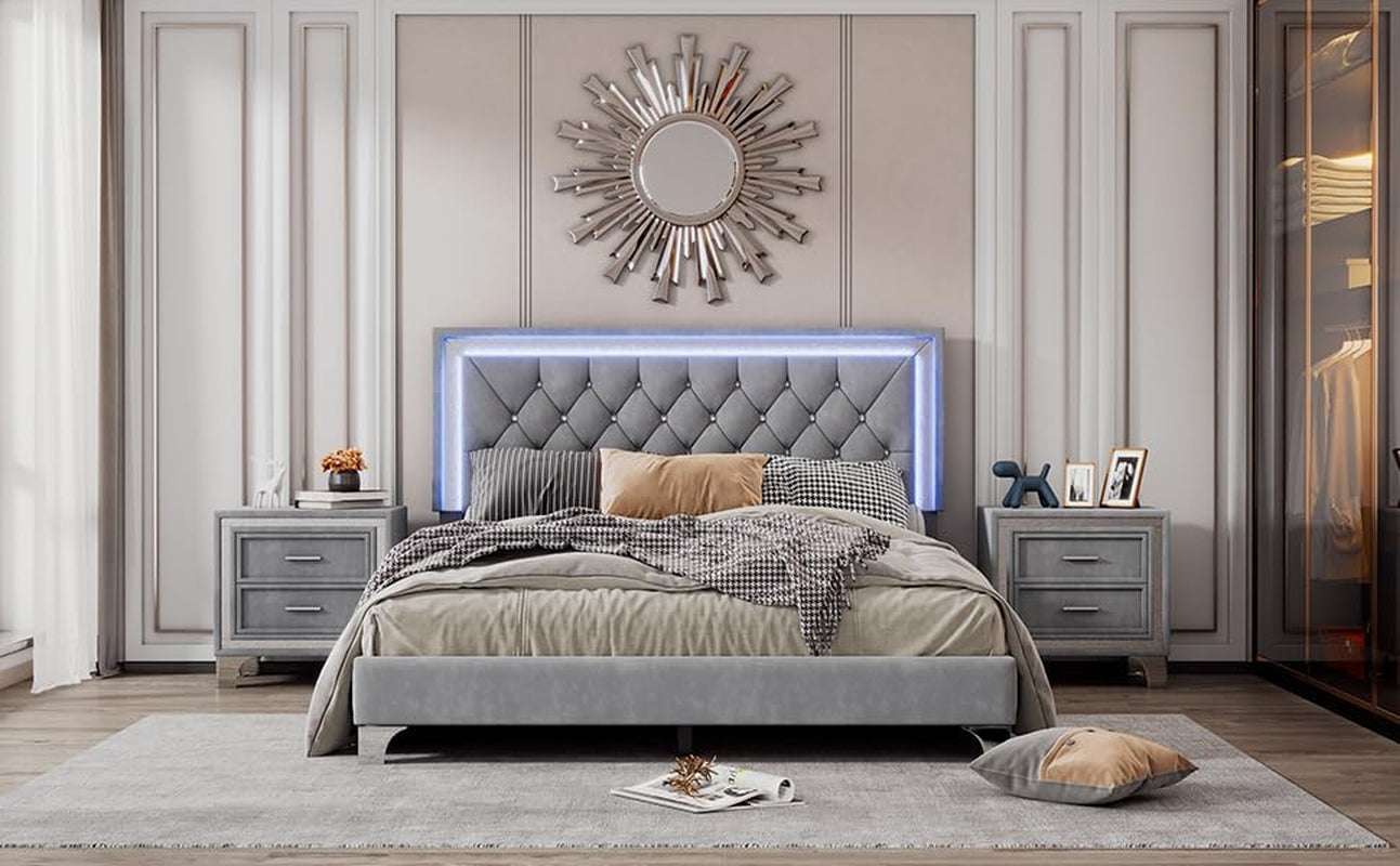 3-Piece Queen Bedroom Set, Upholstered Platform Bed with LED Lights and 2 Nightstands, Modern Gray