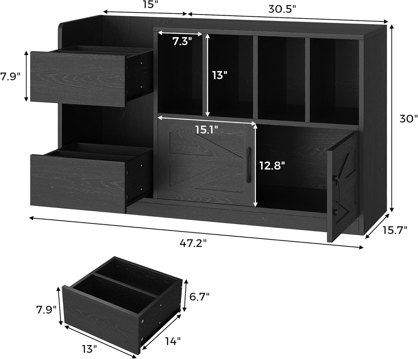 Record Player Stand, Vinyl Record Player Table with Storage Cabinet and Drawers, Mid Century Modern Turntable Stand Holds up to 600+ Albums for Living Room, Music Room, Black
