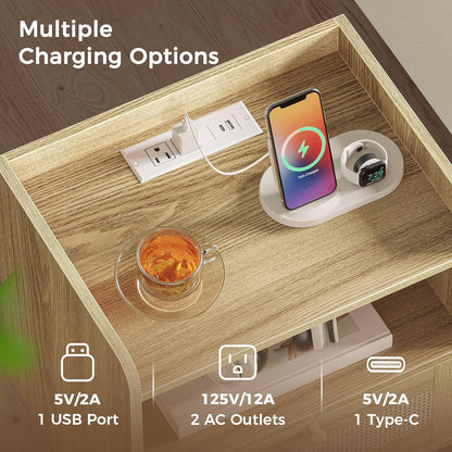 Nightstands Set of 2, Night Stands with Charging Station & PE Rattan Decor Drawer, Bed Side Tables with Solid Wood Feet, End Table, for Bedroom, Living Room - Natural