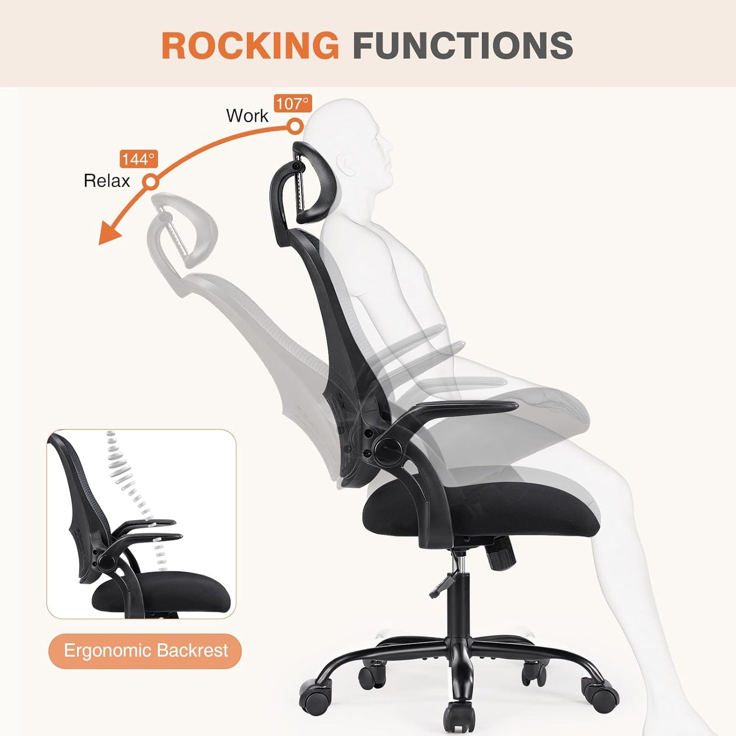 Office Computer Desk Chair, Ergonomic High-Back Mesh Rolling Work Chairs with Wheels and Adjustable Headrests, Comfortable Lumbar Support, Comfy Flip-Up Arms for Home, Bedroom, Study,Black