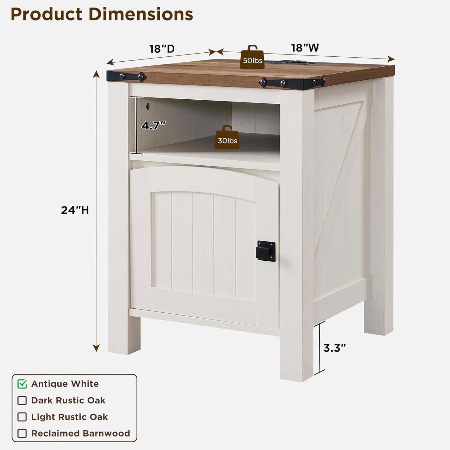 Farmhouse Nightstand with Charging Station, 18" Rustic End Table with Adjustable Storage Shelf, Wood Rustic Wood Sofa Side Table for Bedroom
