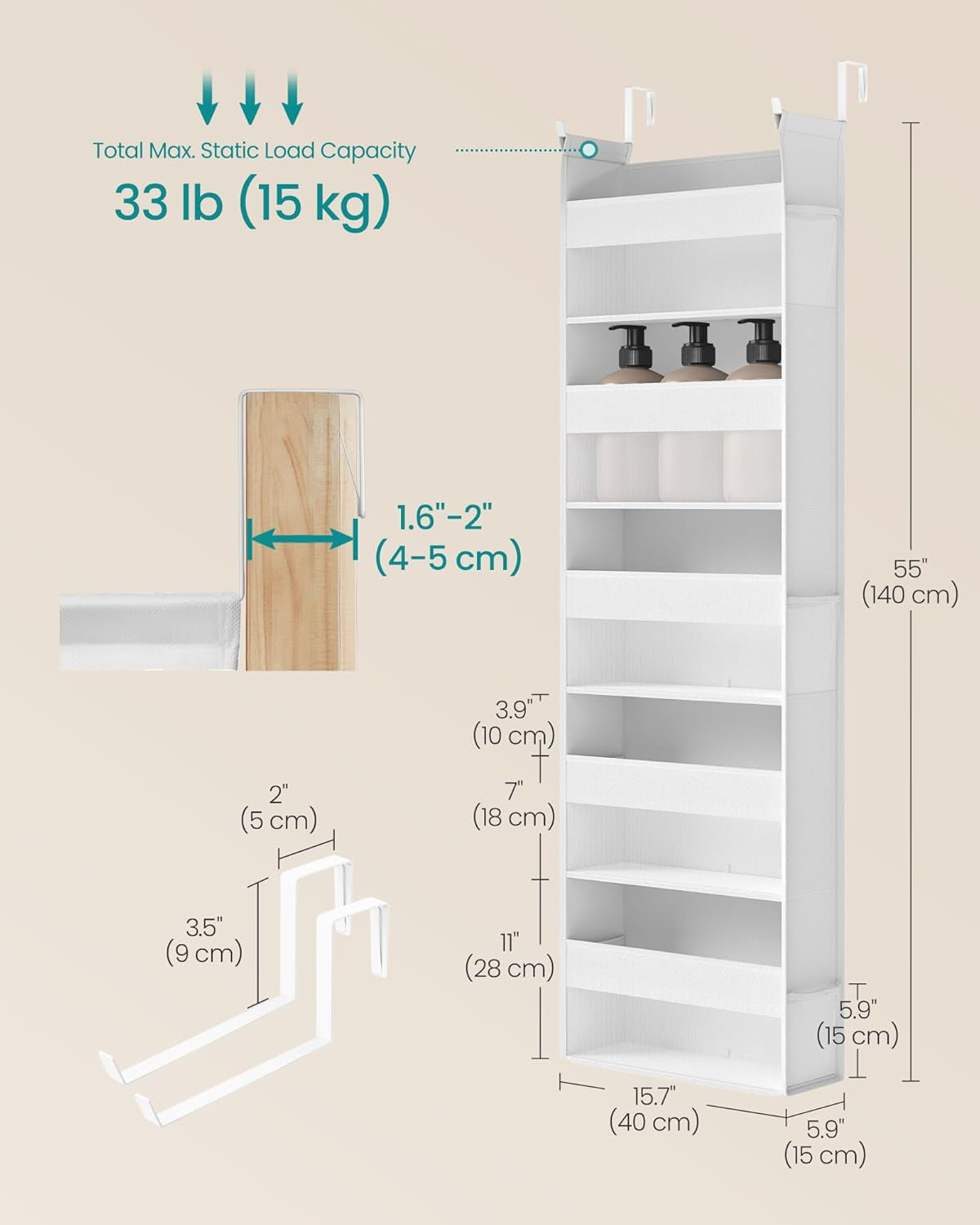 over the Door Organizer, Hanging Door Organizer with 5 Large Pockets, 5-Tier Fabric Storage, Transparent Nylon Mesh, Foldable, Metal Hooks, with Side Pouches, Cloud White URDH007W01