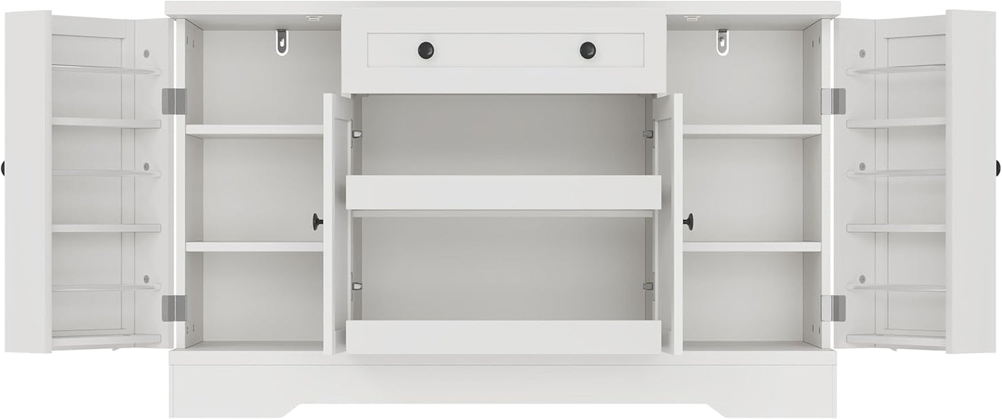 55" Buffet Cabinet with Storage, Kitchen Buffet Sideboard with Pull-Out Shelves and Drawer, Wood Farmhouse Coffee Bar Cabinet with 4 Adjustable Shelves, Kitchen Pantry for Living Room, White