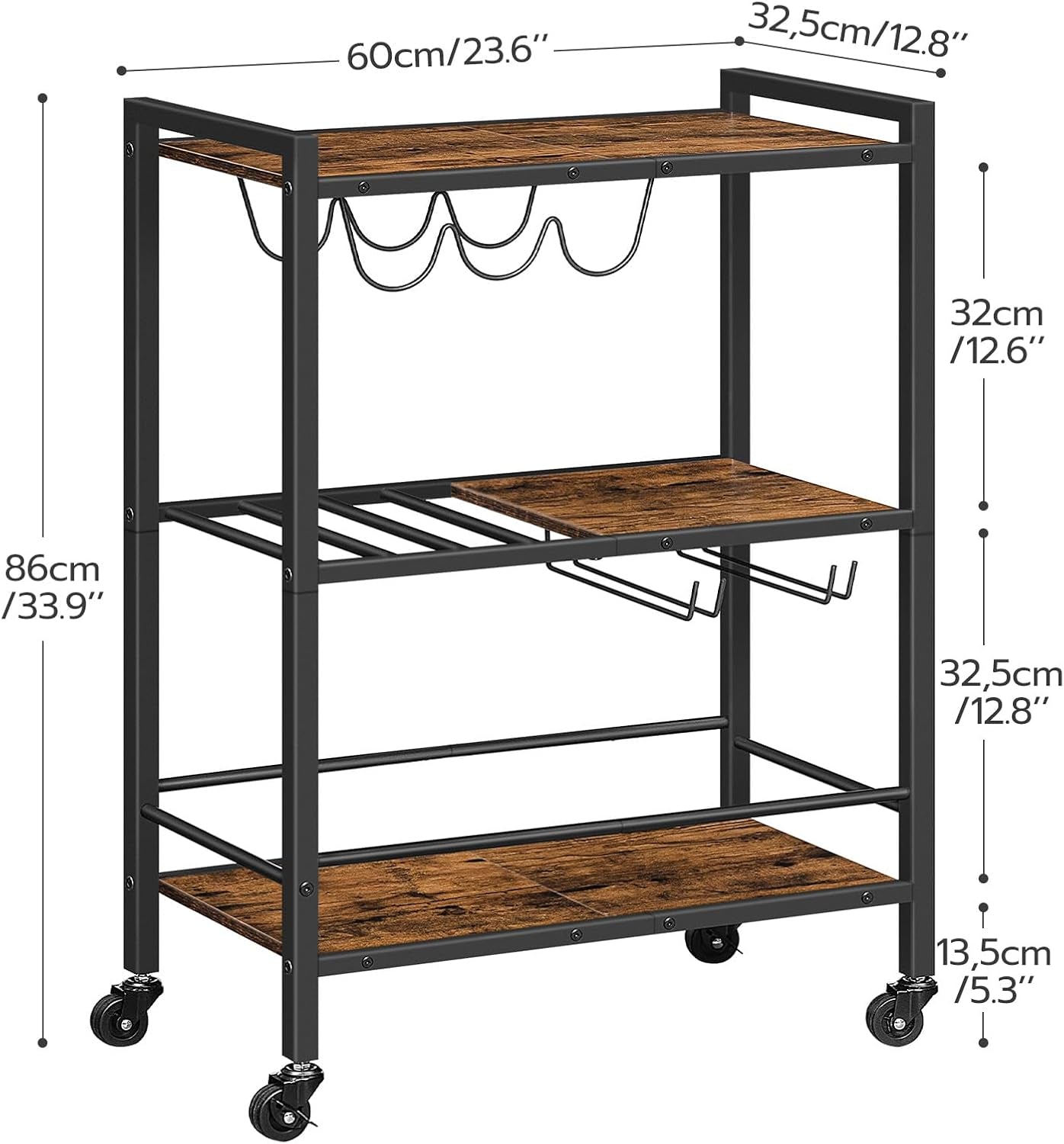Bar Cart, 3-Tier Coffee Cart with Wheels, Kitchen Cart, Wine Cart with Wine Rack and Glass Holder, Rolling Serving Cart for Home, Living Room, Party, Bar, Rustic Brown and Black BF35TC01G1