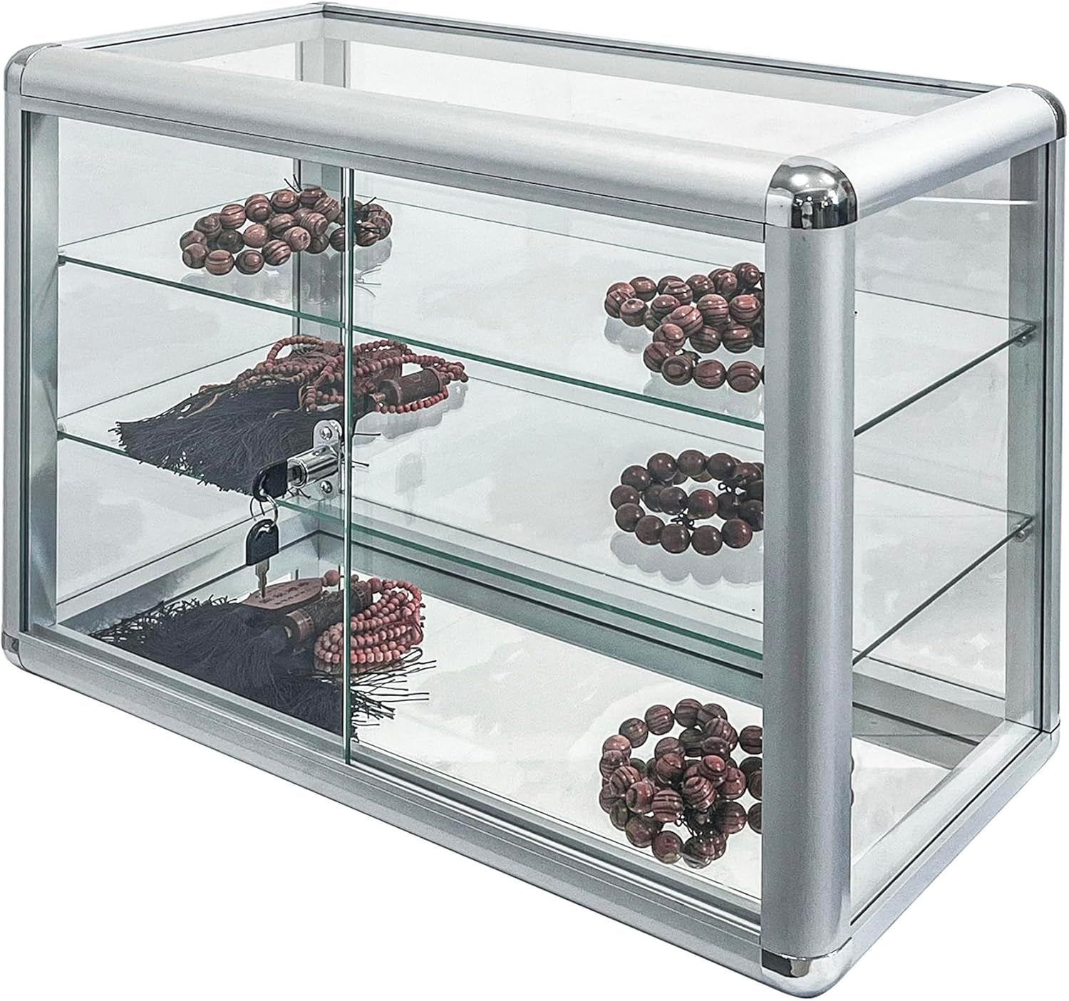Aluminum Display Showcase with Removable Glass Shelves, Tempered Counter Top Glass Case with Lock and Key (Silver, 24" L X 12" D X 18" H)