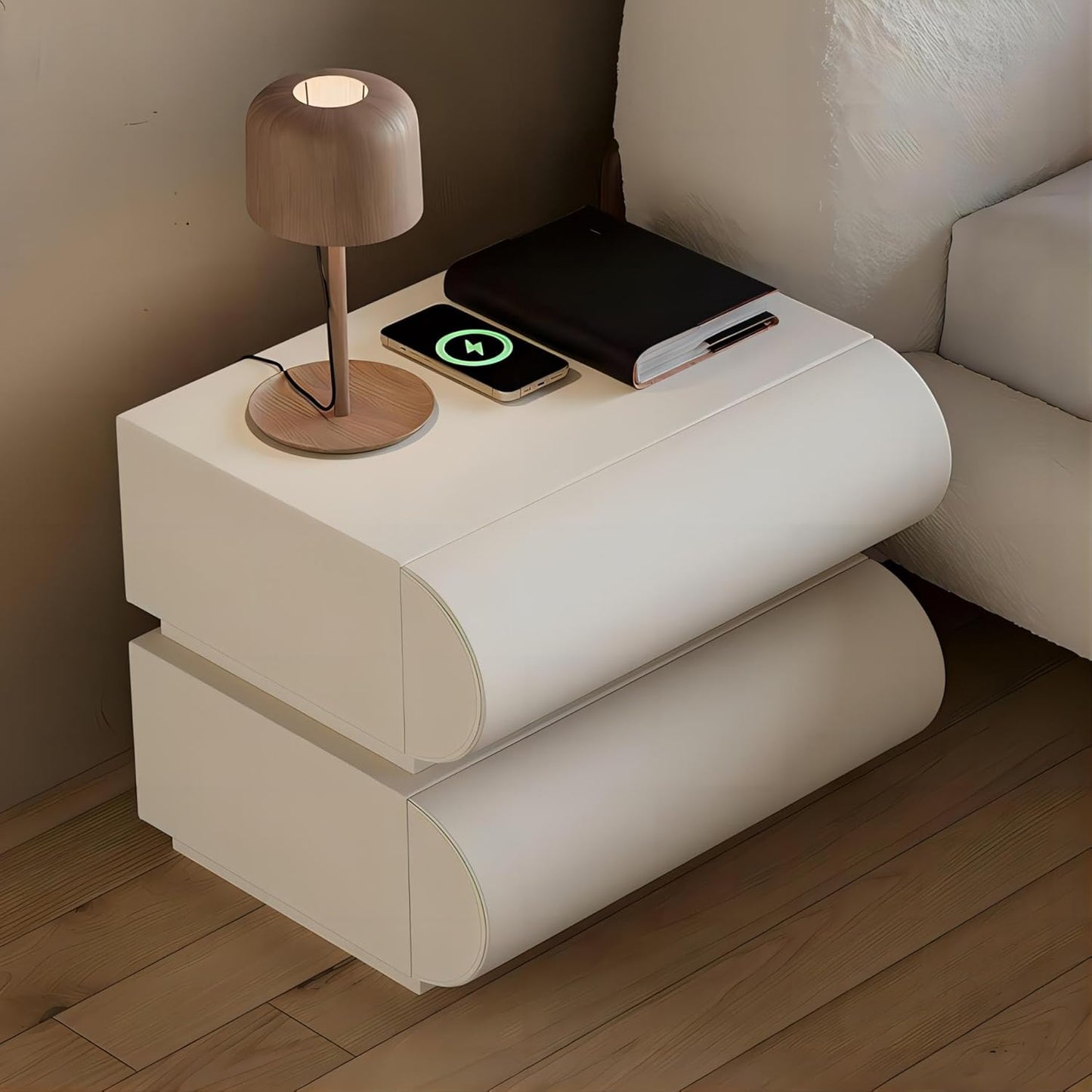 Smart Nightstand with Wireless Charging, USB & Type-C Ports – Modern White Leather Night Stand with 2 Drawers, Bedside Table for Bedroom