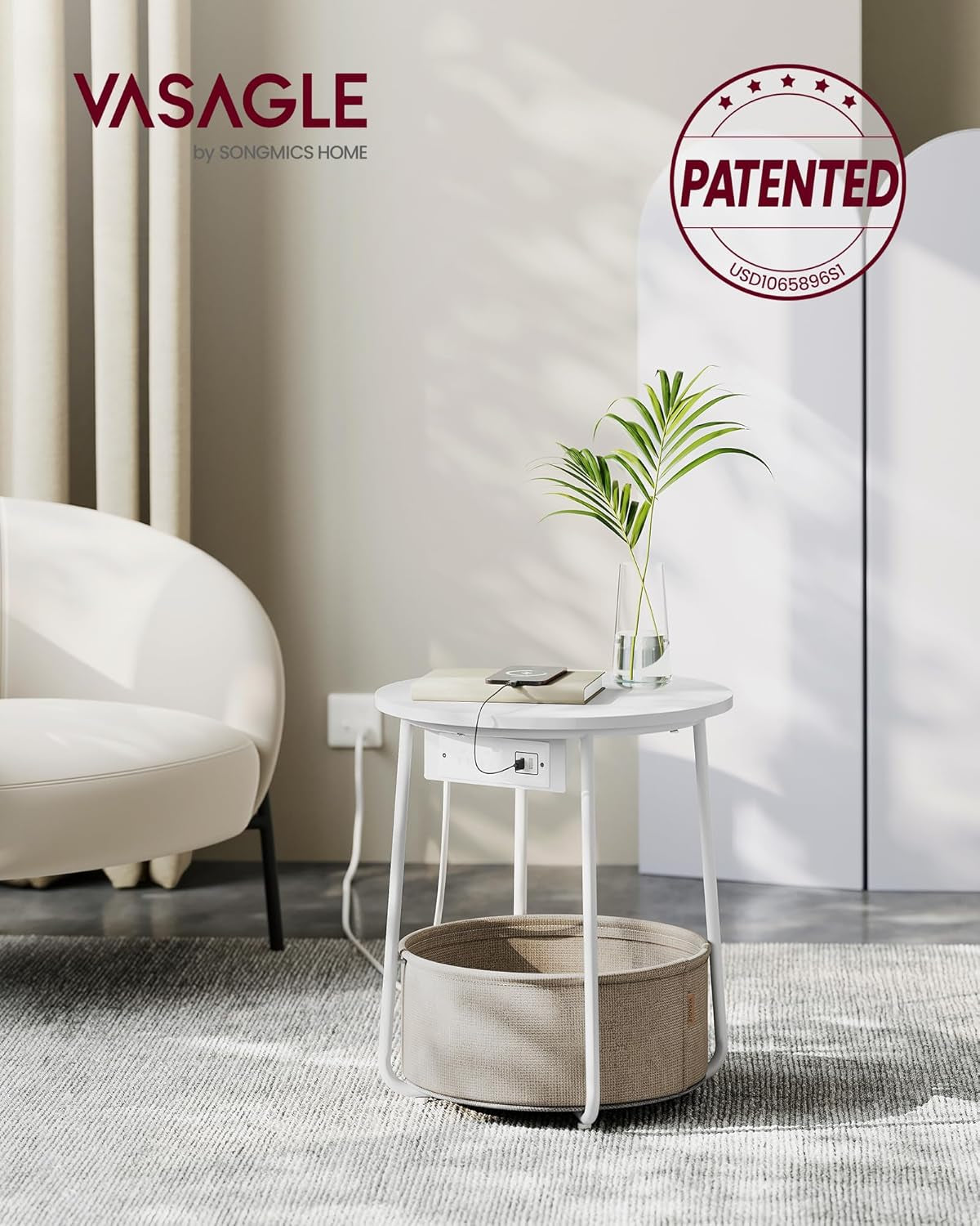 LILEA Collection - Side Table with Charging Station, round End Table with Fabric Basket, Nightstand with USB Ports, for Living Room, Bedroom, Modern, Matte White and Camel Brown ULET228W01