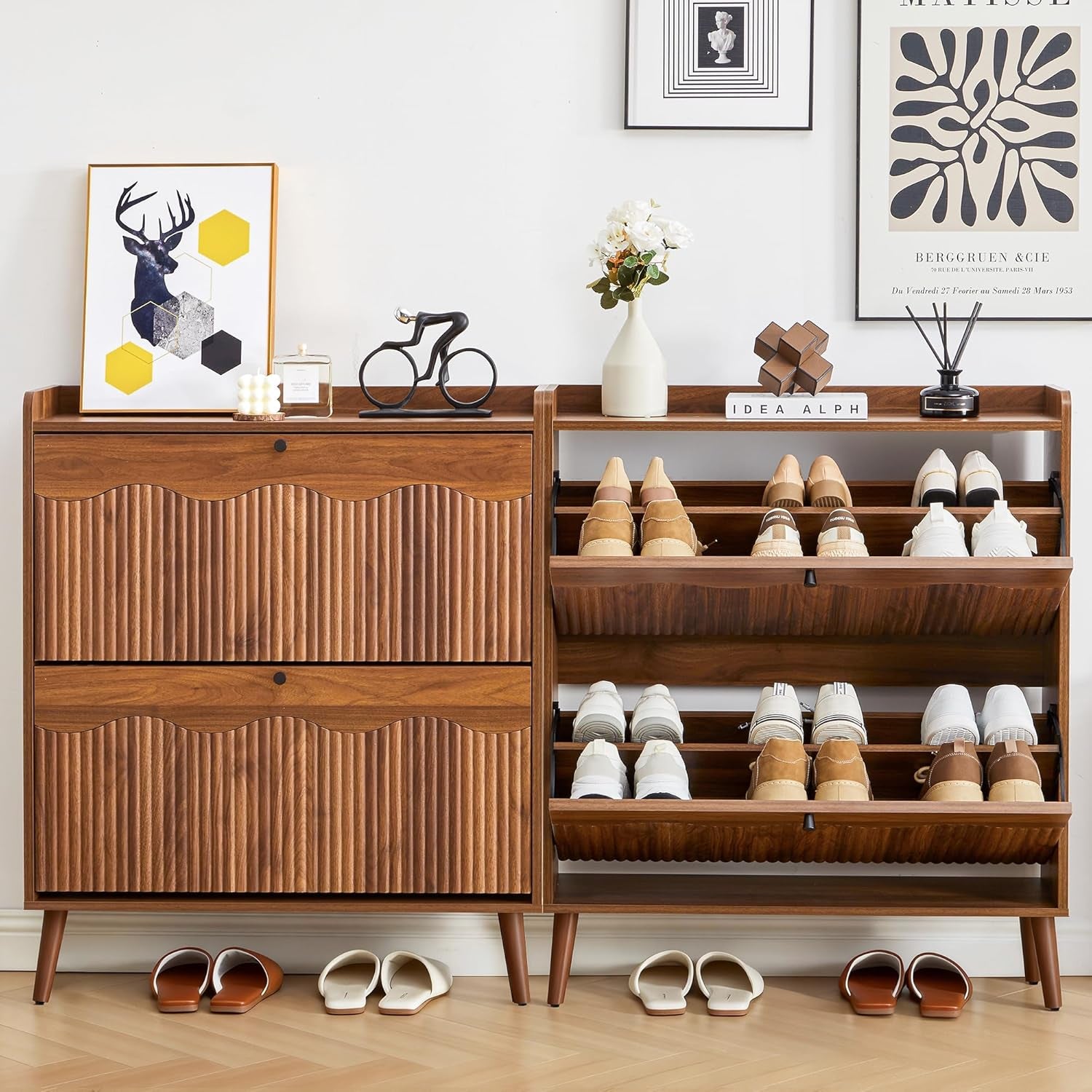 31.5" Fluted Shoe Storage Cabinet with 2 Flip Drawers, Narrow Shoe Storage Organizer Rack with Wave Door for Entryway, Hallway, Living Room