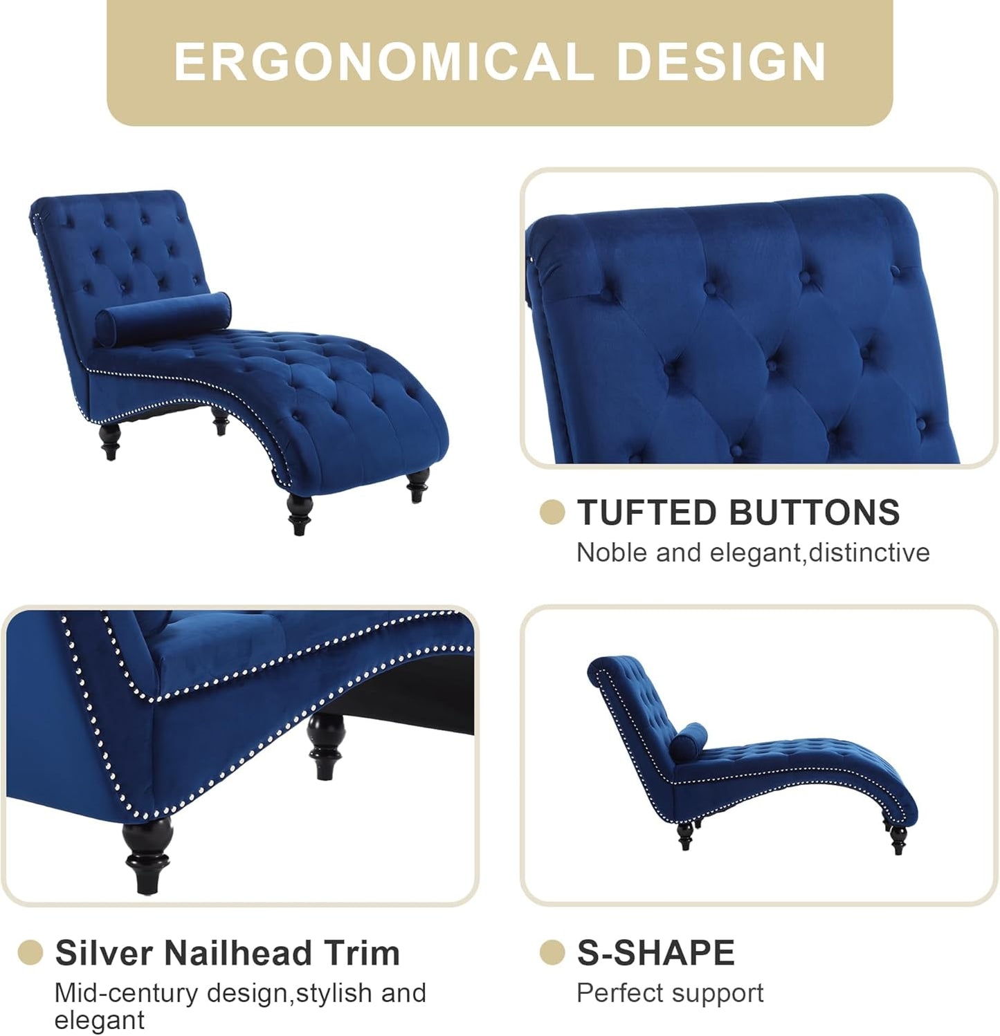 Velvet Chaise Lounge Indoor,Button-Tufted Upholstered Chaise Lounge Chair with Pillow for Bedroom Living Room Office Modern Backrest Leisure Recliner Sleep Sofa (Blue)